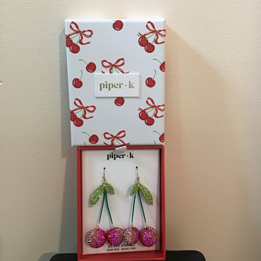 Piper K Cherry Rhinestone Dangle Earrings Green‎ Leaf Red Pink Sparkle NWT